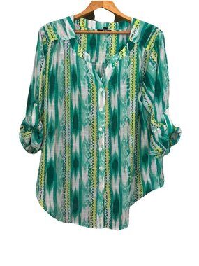 ALYX  Women's Size 1X Green Striped Woven V-neck Button-Up Top Roll Tab Sleeve